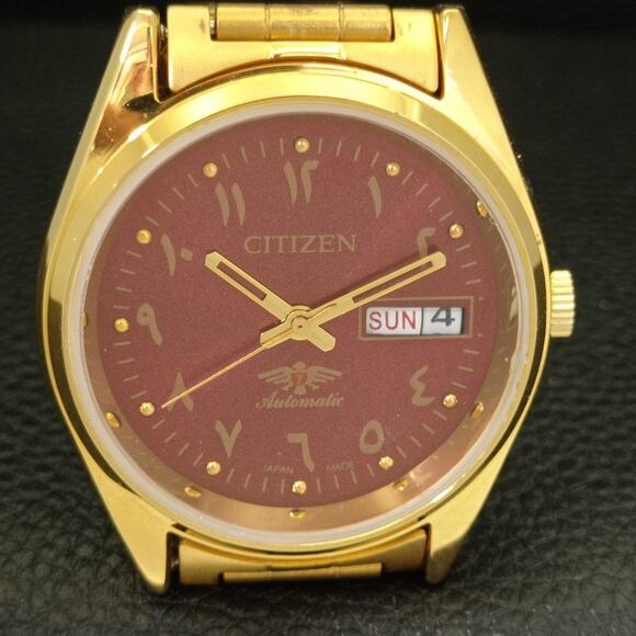 Vintage 1987 Arabic Citizen Automatic Mens Gold Watch W/daydate & Red accents - Picture 4 of 10